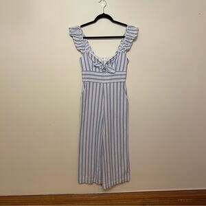 BCBGeneration 4 jumpsuit coastal grandma linen bow stripe beach white blue